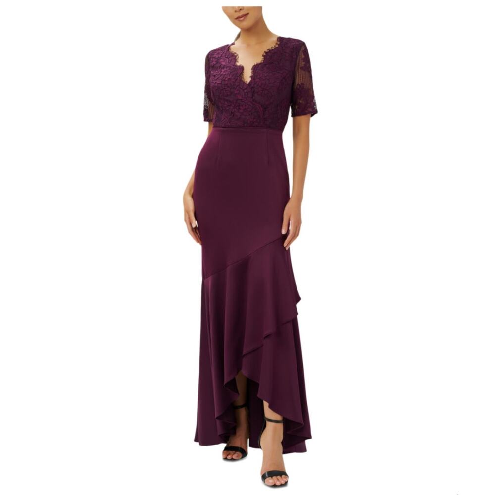 Adrianna Papell Plum Lace & Ruffle Evening Gown
